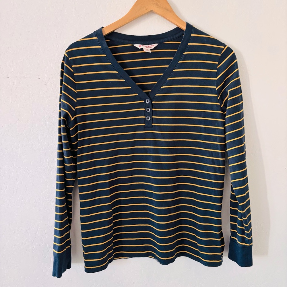 Brooks Brothers Navy and Yellow Striped Long Sleeve Henley